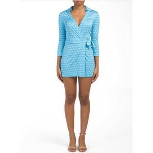 Diane Von Furstenberg Silk Wrap Tie Romper Shorts Celeste Kyoto Aztec Blue 6